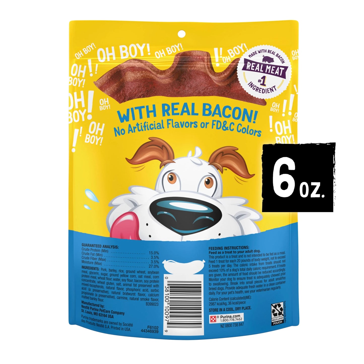 Purina Strips Dog Treats with Real Bacon & Bratwurst Flavors Tender Chews, 6 Oz Pouch