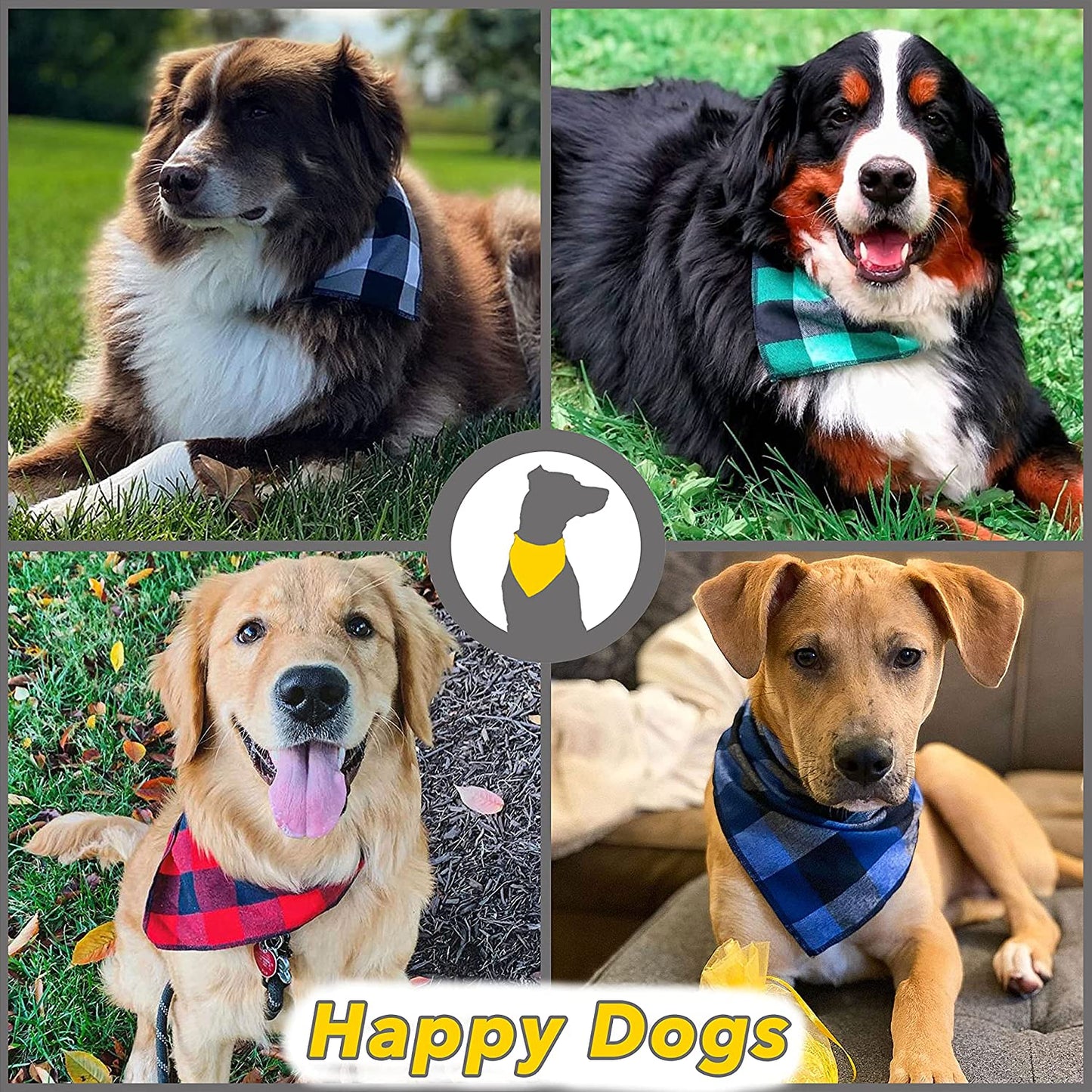 Dog Bandana 4 Pack - Dog Bandanas Boy, Girl, Premium Durable Soft Lightweight Fabric, Buffalo Plaid Scarf for Medium and Large Dogs Pets, Black and White, Red, Green, Blue, Large