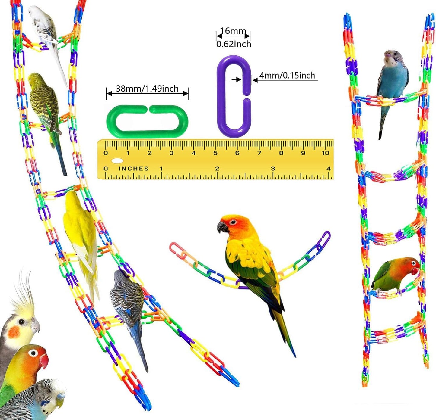200-Piece Rainbow Plastic Chain Links & Toys - Interlocking C-Clip Bird Cage Accessories for Parakeets, Sugar Gliders, Small Pets (Climbing/Swinging Toys)