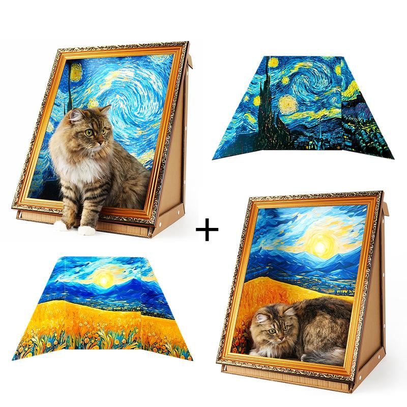 Cat Scratching Board - Art 3D Oil Painting Cat Nest for Cats with Scratching Board, Cat House & 3D Pastel Design for All Seasons