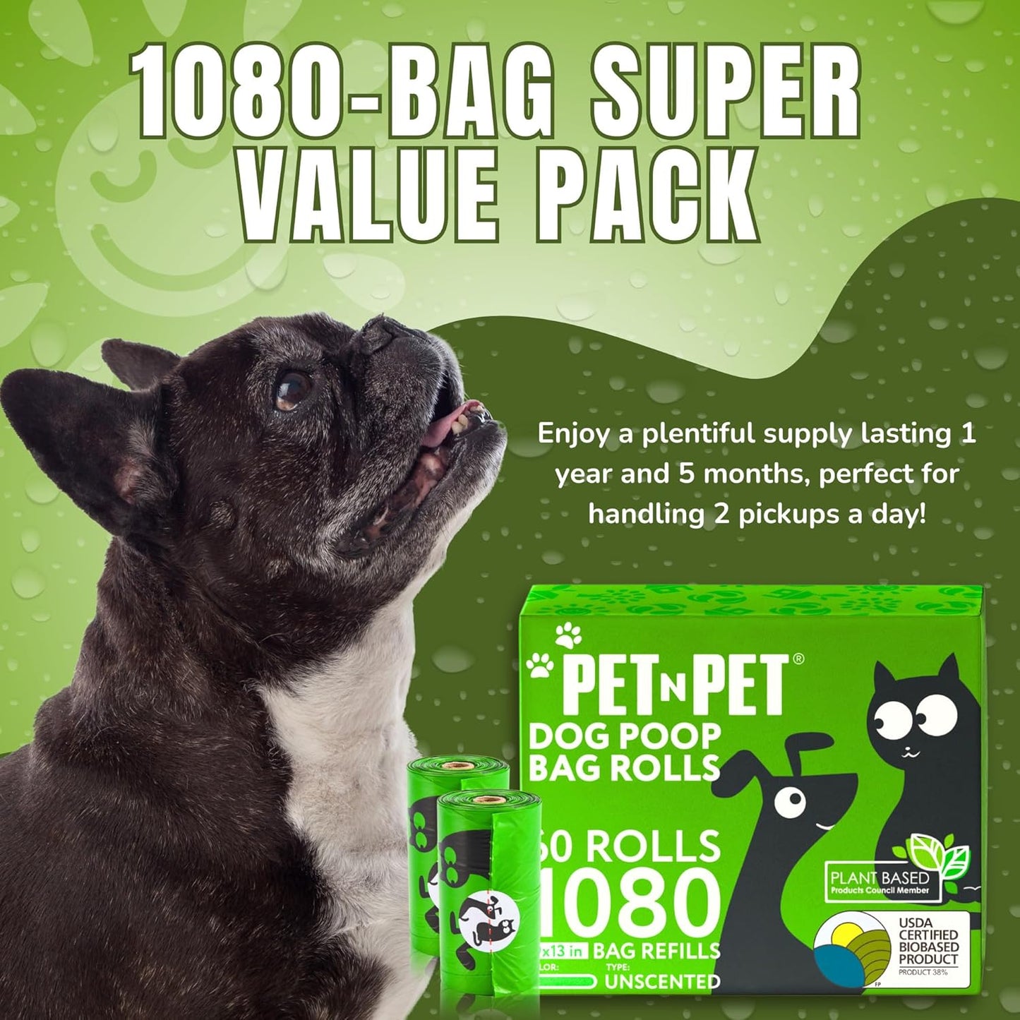 Dog Poop Bags, 38% Plant-Based, USDA Certified, Leak-Proof Dog Bags Refill Rolls for Small & Large Doggy, Cat Litter Waste & Doggie Poo (1080 Count, Unscented, Green)