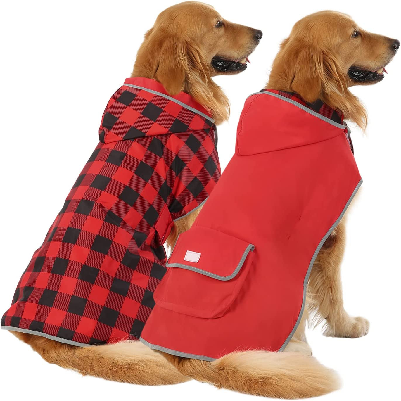 Reversible Dog Raincoat Hooded Slicker Poncho Rain Coat Jacket for Small Medium Large Dogs Buffalo Plaid Red - XXL