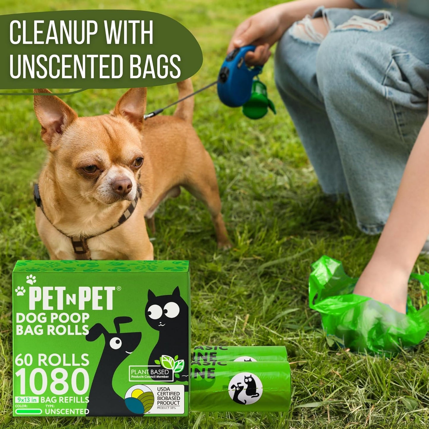Dog Poop Bags, 38% Plant-Based, USDA Certified, Leak-Proof Dog Bags Refill Rolls for Small & Large Doggy, Cat Litter Waste & Doggie Poo (1080 Count, Unscented, Green)