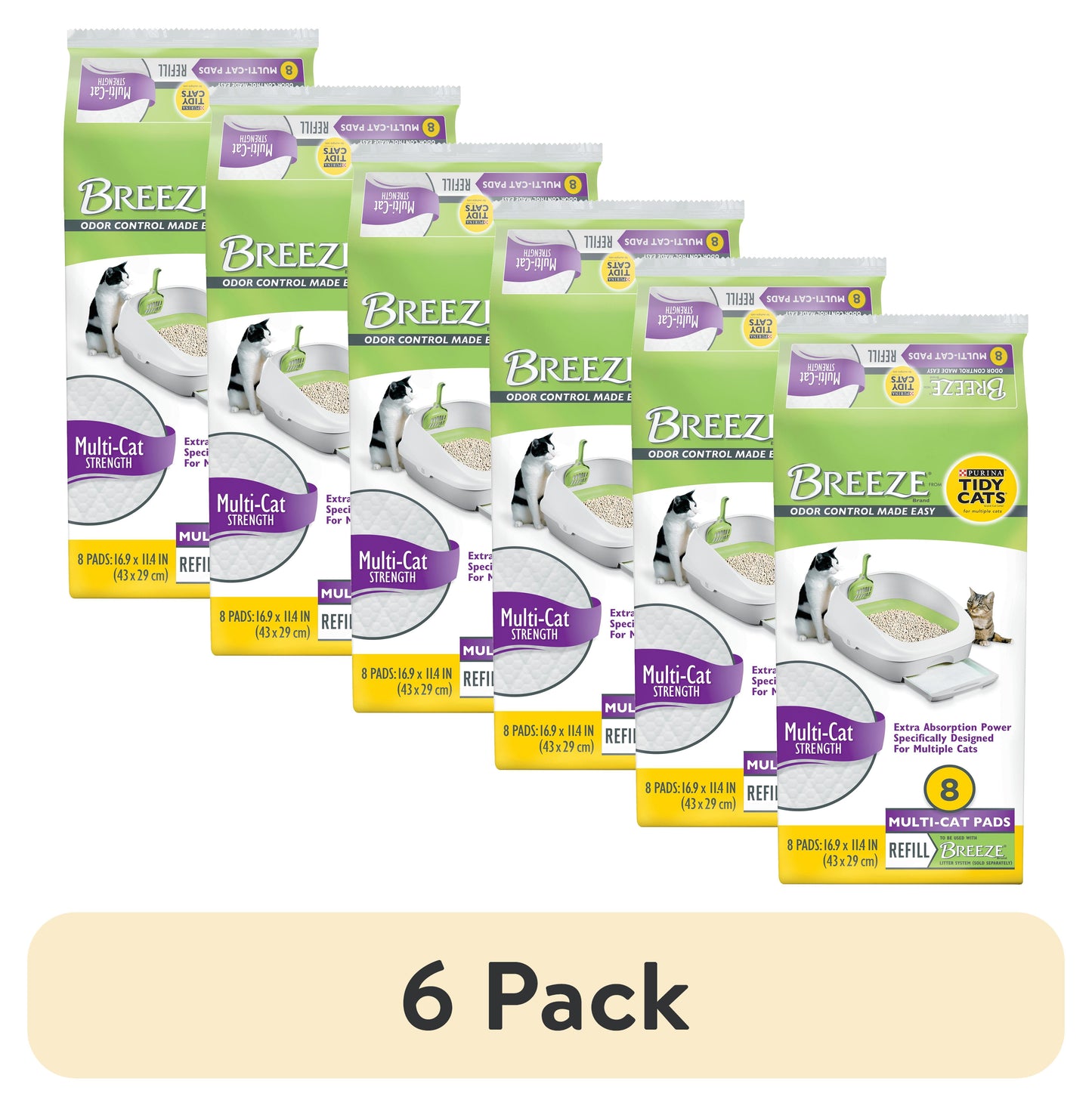 (6 Pack) Purina Breeze Absorbent Cat Litter Pads, Multi Strength, Odor Control, Refills, 8 Ct. Bag