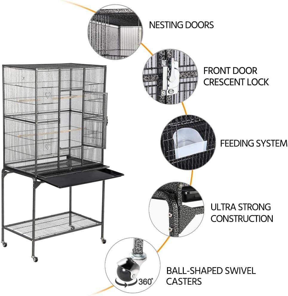 63-Inch Wrought Iron Rolling Large Bird Cage for African Grey Small Quaker Amazon Parrots Cockatiels Sun Parakeet Green Cheek Conure Lovebird Budgie Finch Canary Bird Flight Cage with Stand