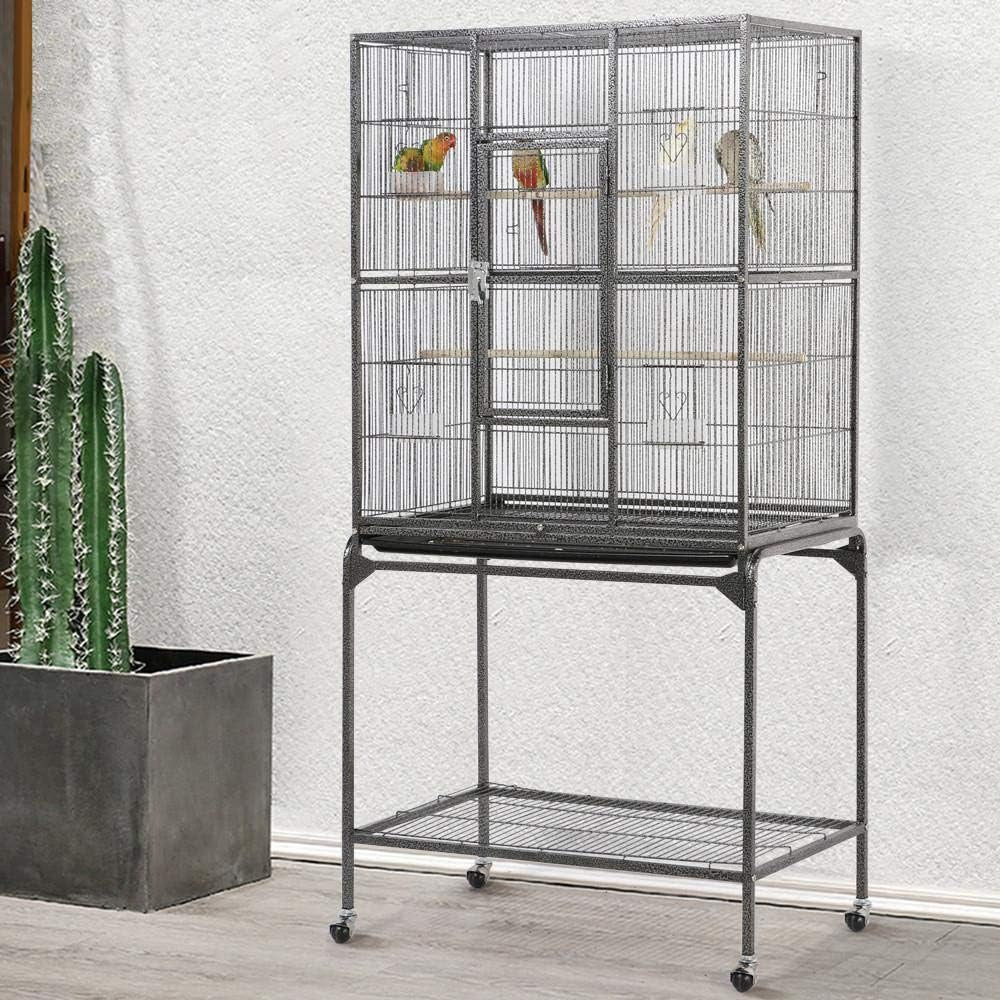 63-Inch Wrought Iron Rolling Large Bird Cage for African Grey Small Quaker Amazon Parrots Cockatiels Sun Parakeet Green Cheek Conure Lovebird Budgie Finch Canary Bird Flight Cage with Stand