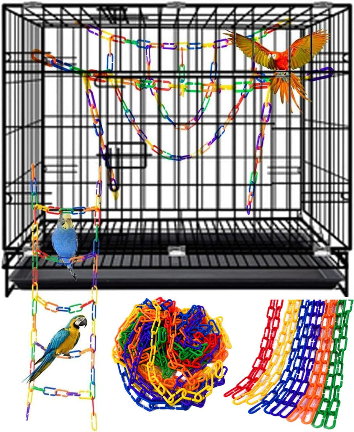 200-Piece Rainbow Plastic Chain Links & Toys - Interlocking C-Clip Bird Cage Accessories for Parakeets, Sugar Gliders, Small Pets (Climbing/Swinging Toys)