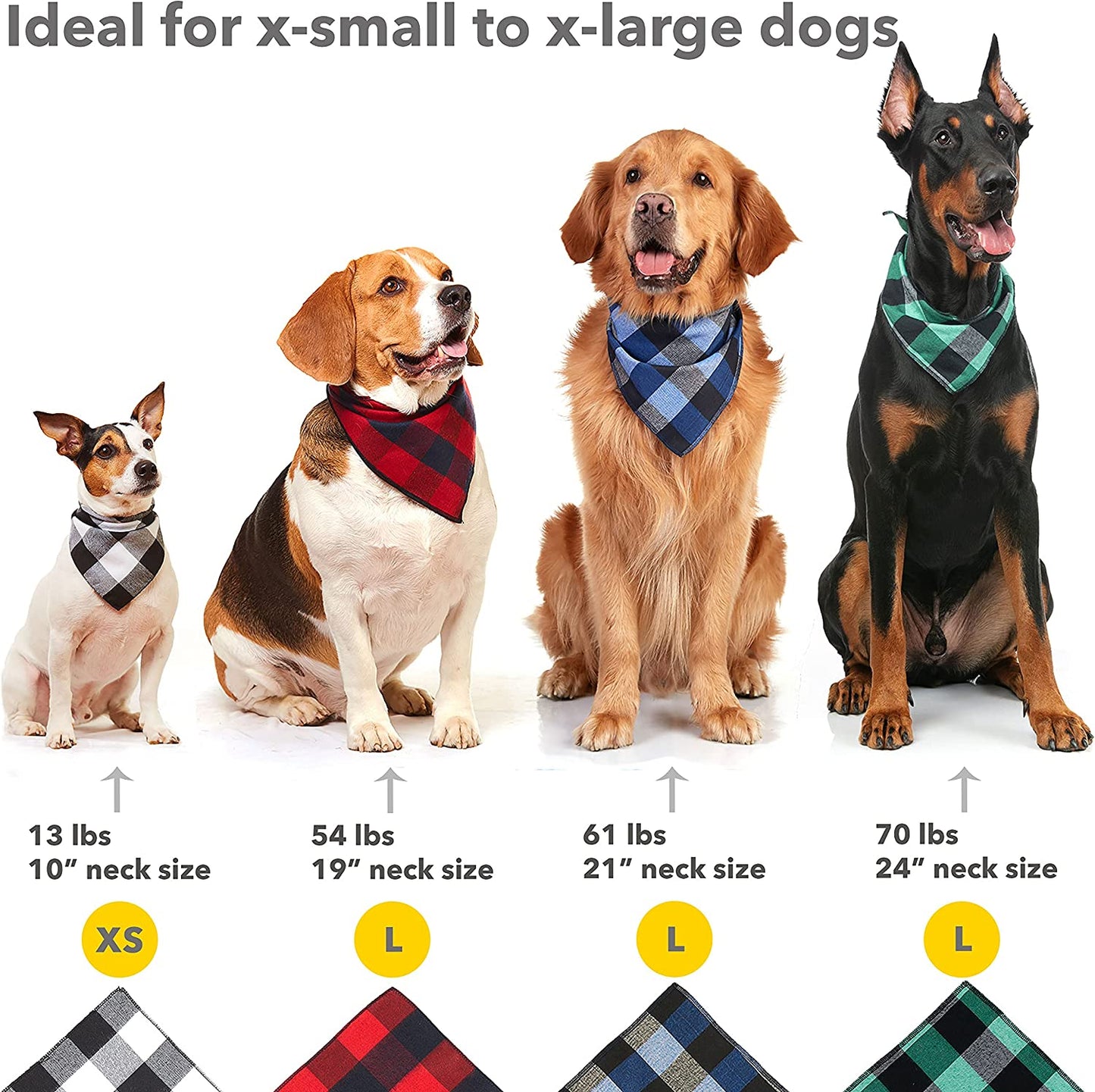 Dog Bandana 4 Pack - Dog Bandanas Boy, Girl, Premium Durable Soft Lightweight Fabric, Buffalo Plaid Scarf for Medium and Large Dogs Pets, Black and White, Red, Green, Blue, Large