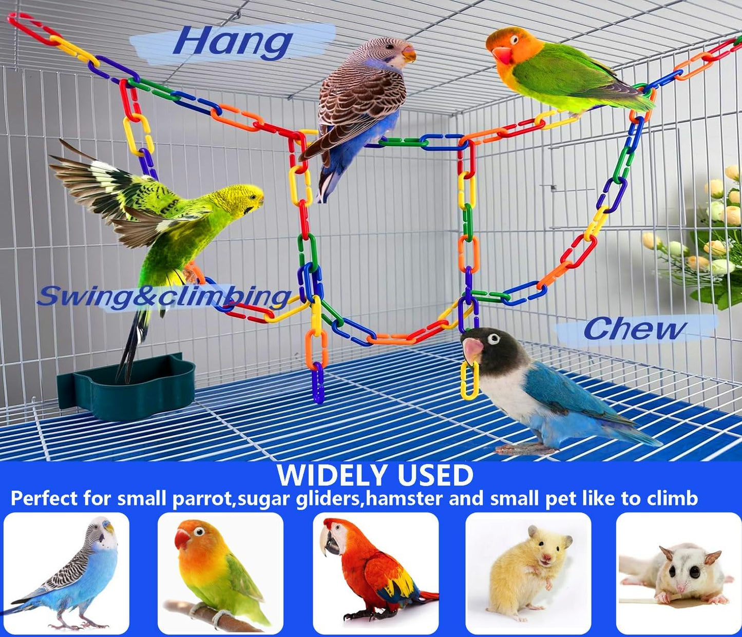 200-Piece Rainbow Plastic Chain Links & Toys - Interlocking C-Clip Bird Cage Accessories for Parakeets, Sugar Gliders, Small Pets (Climbing/Swinging Toys)