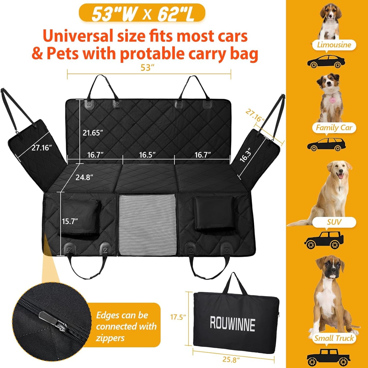 Back Seat Extender for Dogs-Large Space, Dog Car Seat Cover Hard Bottom Holds 400Lbs, Sturdy Backseat Extender for Dogs, Waterproof Dog Hammock for Car Dog Car Bed for Car, SUV, Truck Black