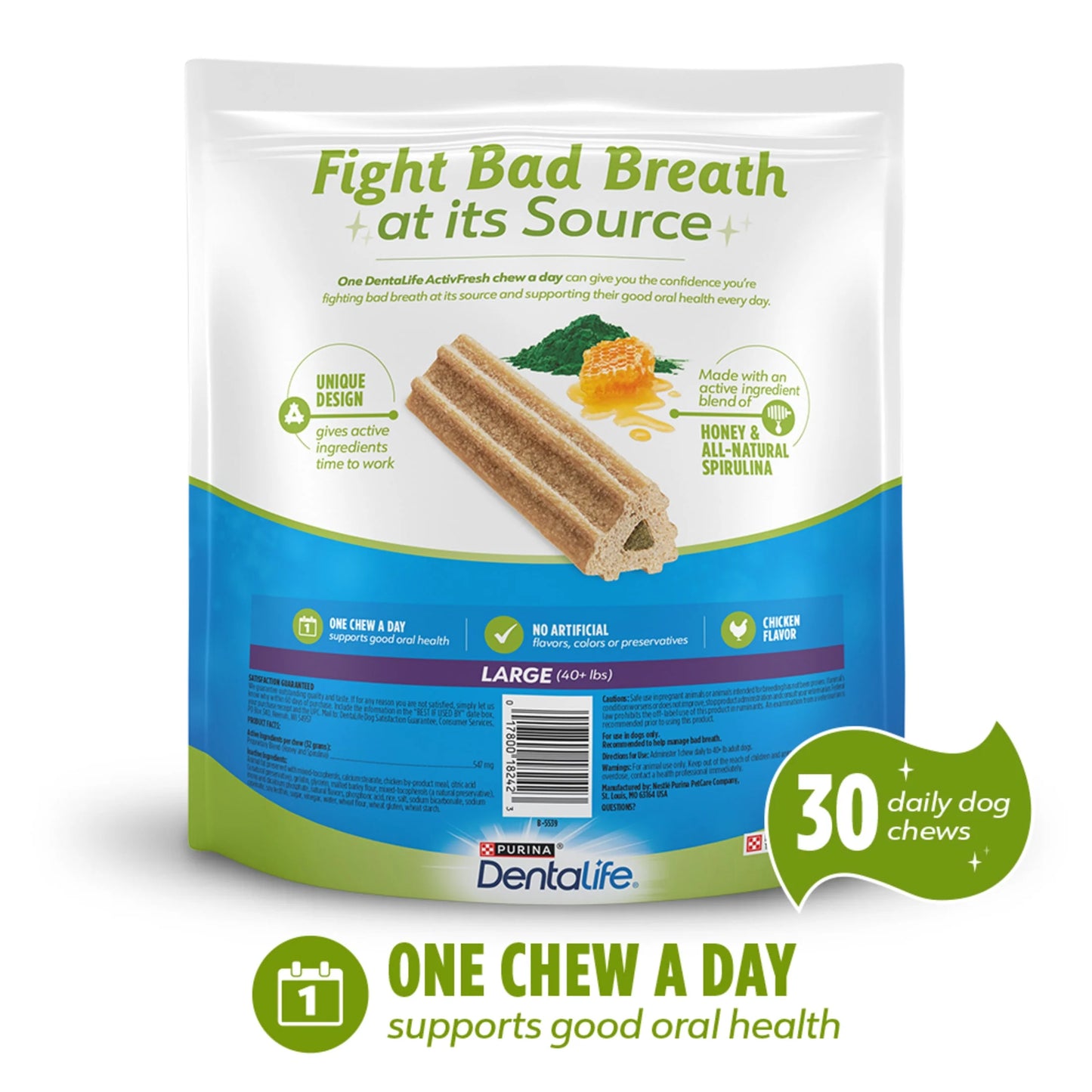 Purina Activefresh Large Dog Treats Dental Chews with Chicken, 35 Oz Pouch, 2 Packs (30 Count)