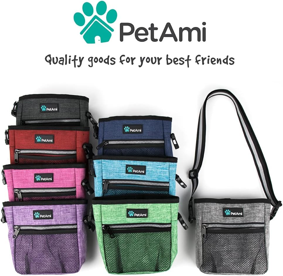 Deluxe Dog Training Pouch with Shoulder/Waist Strap and Built-In Poop Bag Dispenser | Dog Treat Training Bag for Treats Kibbles Pet Toys | Collapsible Food/Water Bowl Included