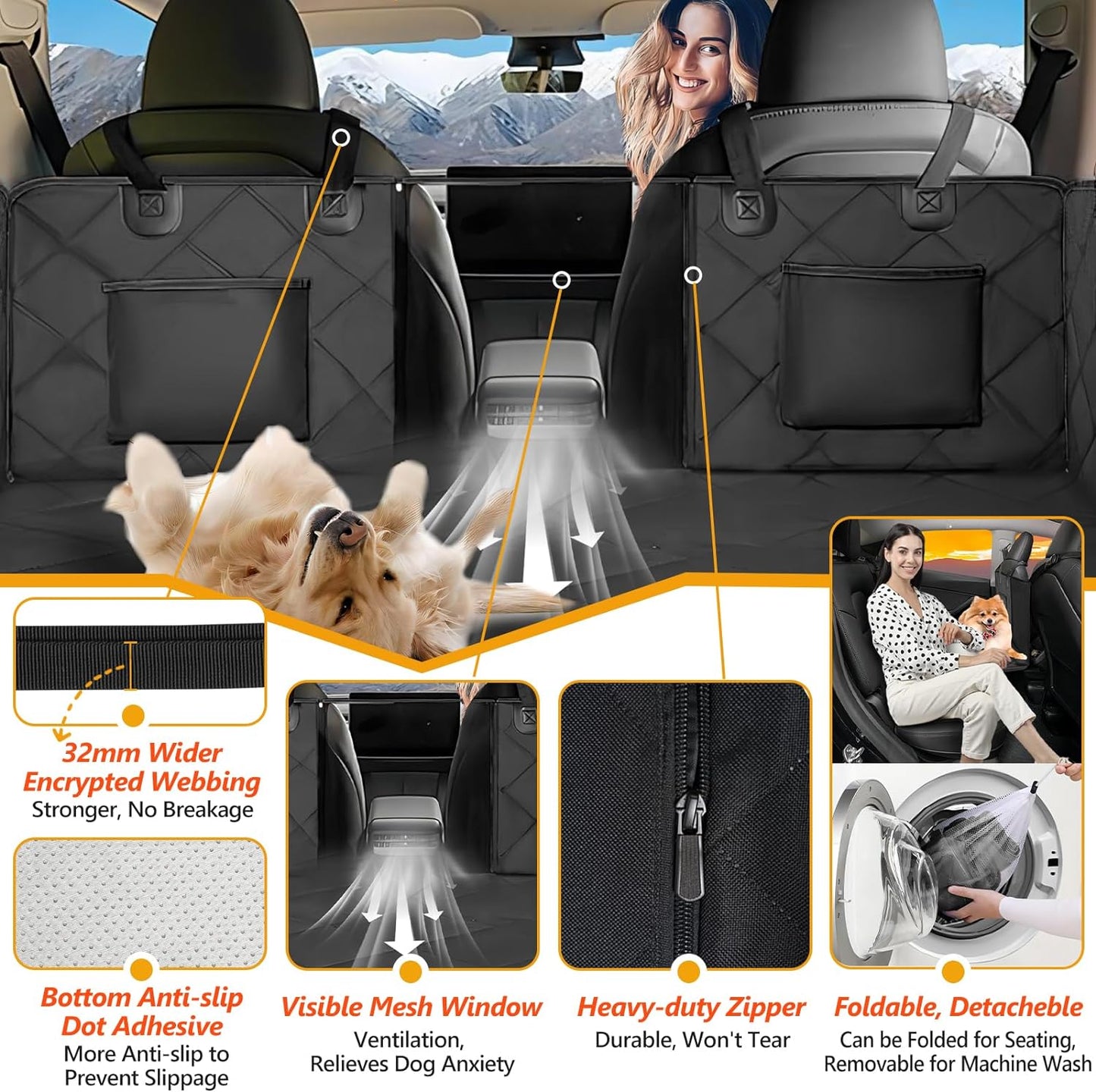 Back Seat Extender for Dogs-Large Space, Dog Car Seat Cover Hard Bottom Holds 400Lbs, Sturdy Backseat Extender for Dogs, Waterproof Dog Hammock for Car Dog Car Bed for Car, SUV, Truck Black