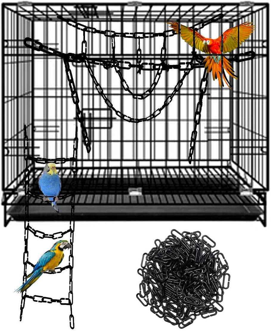 200-Piece Black Plastic Chain Links & Toys - Interlocking C-Clip Bird Cage Accessories for Parakeets, Sugar Gliders, Small Pets (Climbing/Swinging Toys)