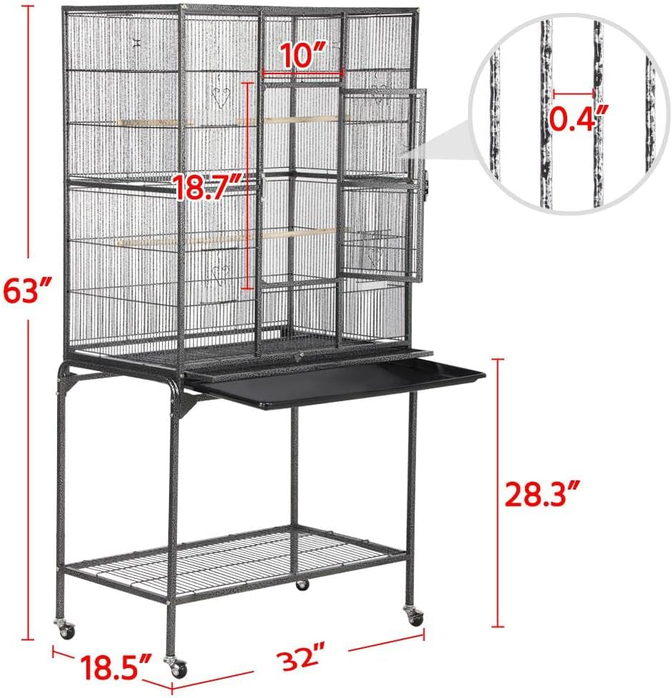 63-Inch Wrought Iron Rolling Large Bird Cage for African Grey Small Quaker Amazon Parrots Cockatiels Sun Parakeet Green Cheek Conure Lovebird Budgie Finch Canary Bird Flight Cage with Stand