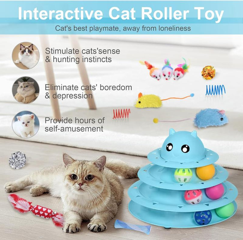 24 PCS Cat Toys, 3-Level Turntable Kitten Toys Set, Interactive Cat Roller Toys for Indoor Cats, Catnip Toys, Cat Teaser Toys, Mice Toys, Spring Toys, Various Ball Toys for Kitty Interactive Chirping