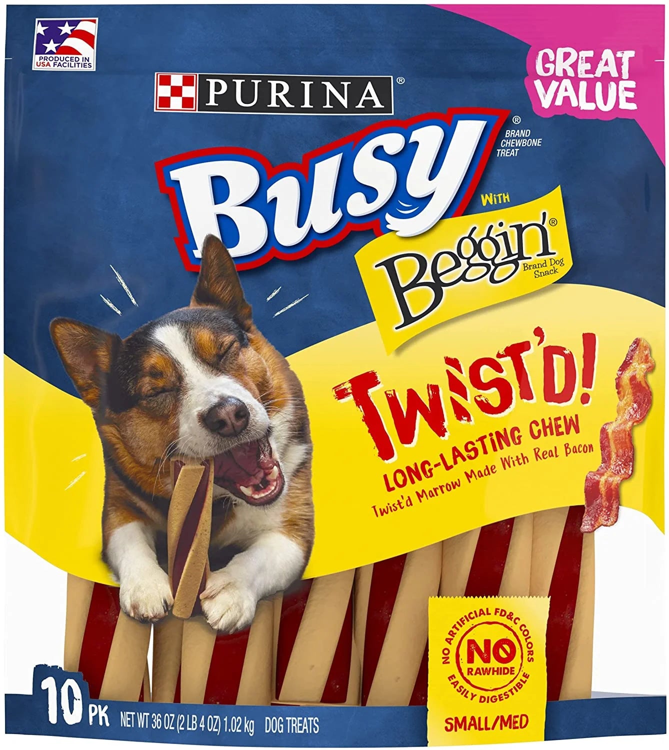Busy with Beggin' Made in USA Facilities Small/Medium Breed Dog Treats, Twist'D - 10 Ct. Pouch (038100172556)