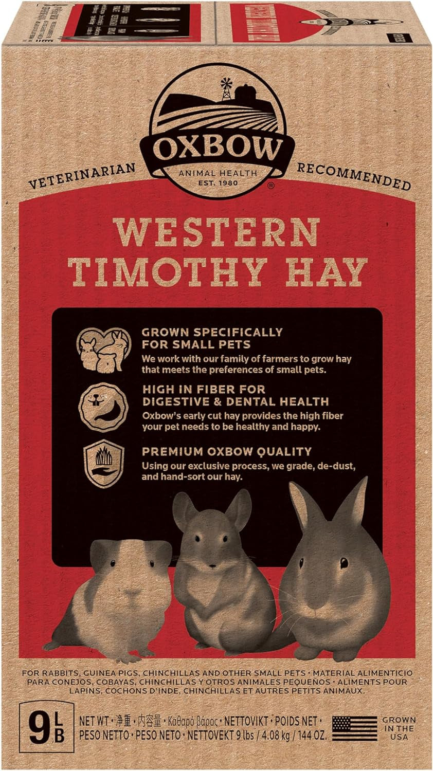 Animal Health Western Timothy Hay, Guinea Pig Hay, Small Pet Bunny Supplies, All Natural Grass for Guinea Pig, Bunny, Chinchilla & Hamster, Rabbit Supplies for Bunnies, 9 Lb Box