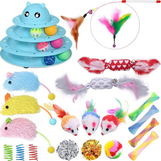 24 PCS Cat Toys, 3-Level Turntable Kitten Toys Set, Interactive Cat Roller Toys for Indoor Cats, Catnip Toys, Cat Teaser Toys, Mice Toys, Spring Toys, Various Ball Toys for Kitty Interactive Chirping