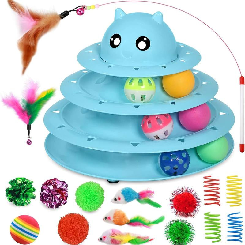 24 PCS Cat Toys, 3-Level Turntable Kitten Toys Set, Interactive Cat Roller Toys for Indoor Cats, Catnip Toys, Cat Teaser Toys, Mice Toys, Spring Toys, Various Ball Toys for Kitty Interactive Chirping