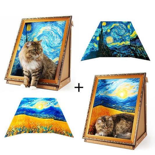 Cat Scratching Board - Art 3D Oil Painting Cat Nest for Cats with Scratching Board, Cat House & 3D Pastel Design for All Seasons