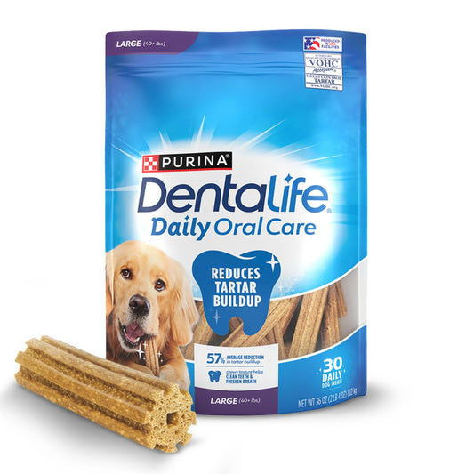 Daily Oral Care Dog Treats for Large Dogs +40 Lb., Chewy Dental Treat to Freshen Breath and Fight Tartar, Chicken Flavor, 36 Oz Pouch, 30 Chews