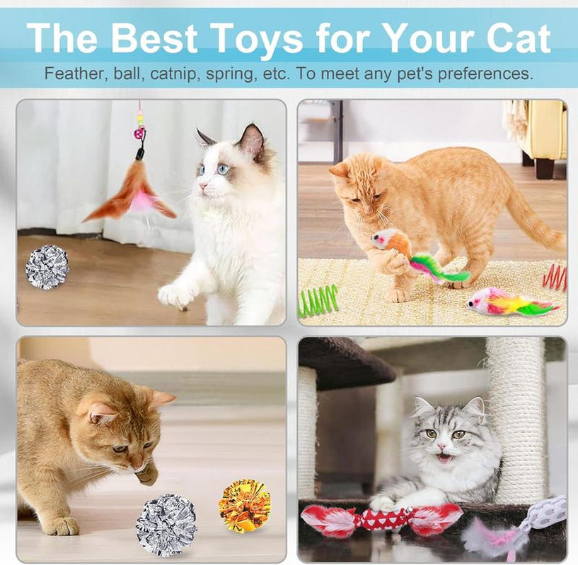 24 PCS Cat Toys, 3-Level Turntable Kitten Toys Set, Interactive Cat Roller Toys for Indoor Cats, Catnip Toys, Cat Teaser Toys, Mice Toys, Spring Toys, Various Ball Toys for Kitty Interactive Chirping