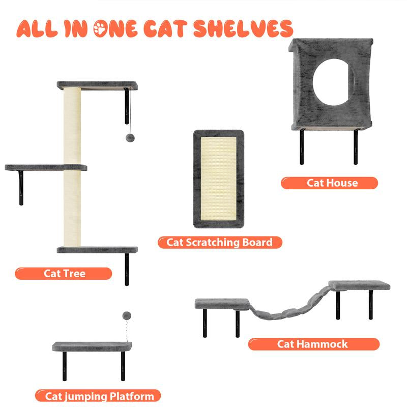 [Mother'S Day Gift] 5-Piece Wall Mounted Cat Climbing Set – Soft House, Cat Scratching Board, Cat Tree, Cat Hammock & Cat Juamping Platform