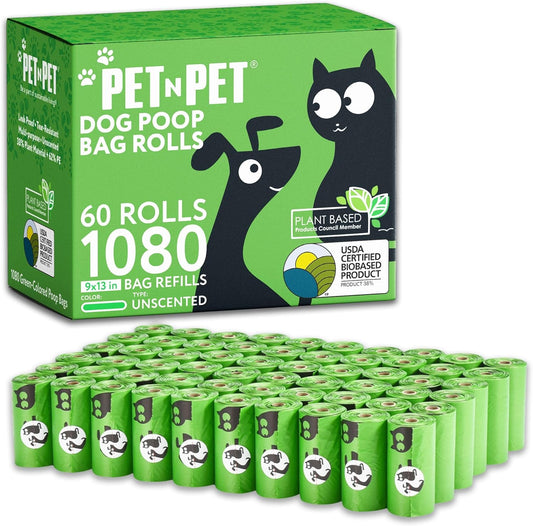 Dog Poop Bags, 38% Plant-Based, USDA Certified, Leak-Proof Dog Bags Refill Rolls for Small & Large Doggy, Cat Litter Waste & Doggie Poo (1080 Count, Unscented, Green)