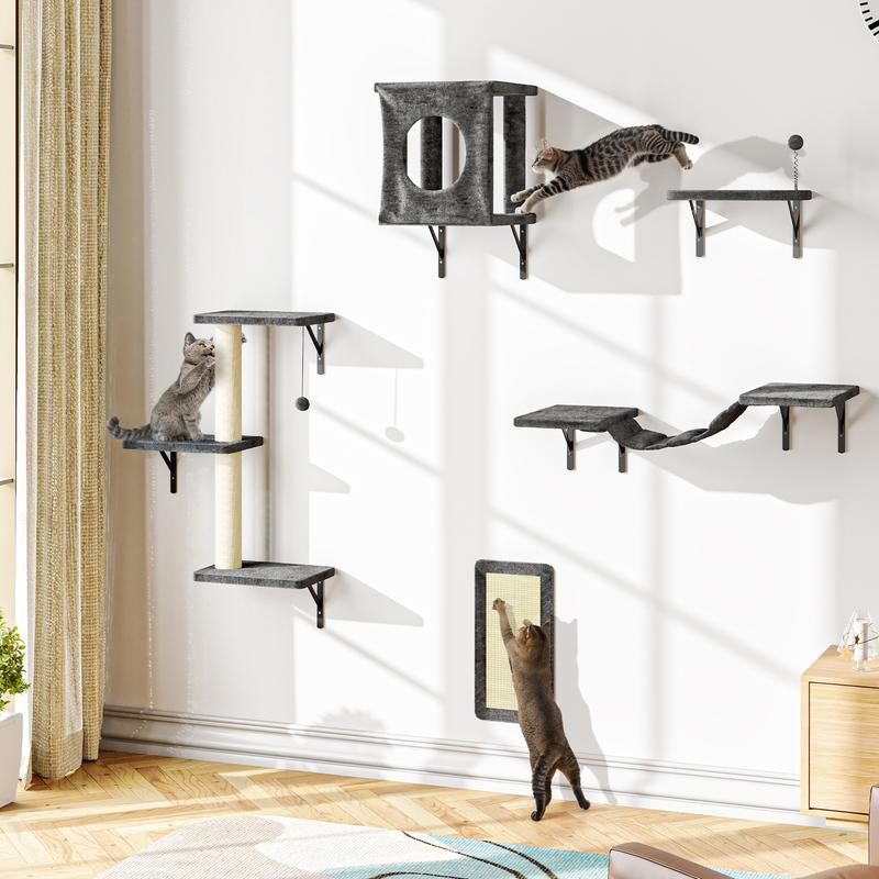 [Mother'S Day Gift] 5-Piece Wall Mounted Cat Climbing Set – Soft House, Cat Scratching Board, Cat Tree, Cat Hammock & Cat Juamping Platform