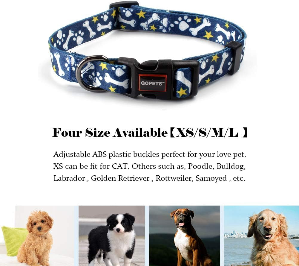 Adjustable Soft Dog Collar: Print Flower Pink Multicolor Cute Patterns for XS Small Medium Large Pet Girl Boy Puppy Walking Running Training (M, Bone)