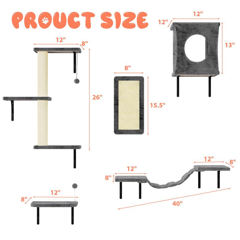 [Mother'S Day Gift] 5-Piece Wall Mounted Cat Climbing Set – Soft House, Cat Scratching Board, Cat Tree, Cat Hammock & Cat Juamping Platform