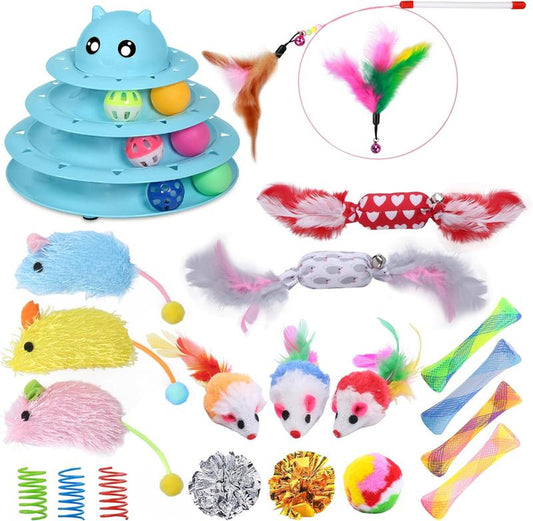 24 PCS Cat Toys, 3-Level Turntable Kitten Toys Set, Interactive Cat Roller Toys for Indoor Cats, Catnip Toys, Cat Teaser Toys, Mice Toys, Spring Toys, Various Ball Toys for Kitty Interactive Chirping