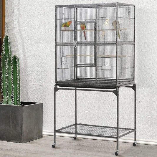 63-Inch Wrought Iron Rolling Large Bird Cage for African Grey Small Quaker Amazon Parrots Cockatiels Sun Parakeet Green Cheek Conure Lovebird Budgie Finch Canary Bird Flight Cage with Stand