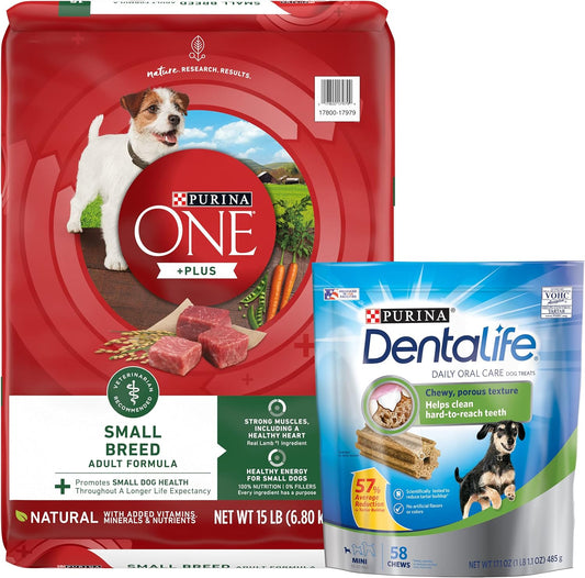 Dentalife Purina Bundle Pack Small Breed Dog Food and Treats, ONE +Plus Lamb and Rice Formula Daily Oral Care