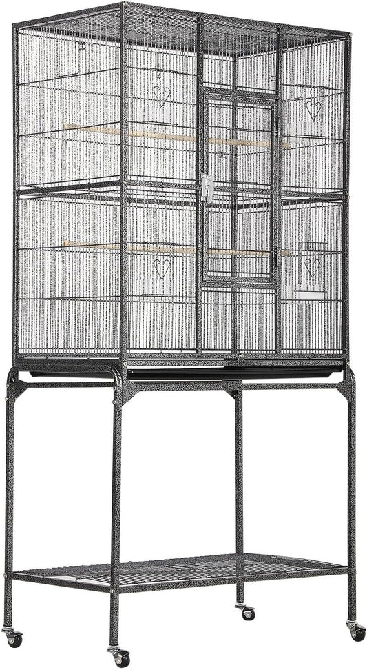 63-Inch Wrought Iron Rolling Large Bird Cage for African Grey Small Quaker Amazon Parrots Cockatiels Sun Parakeet Green Cheek Conure Lovebird Budgie Finch Canary Bird Flight Cage with Stand