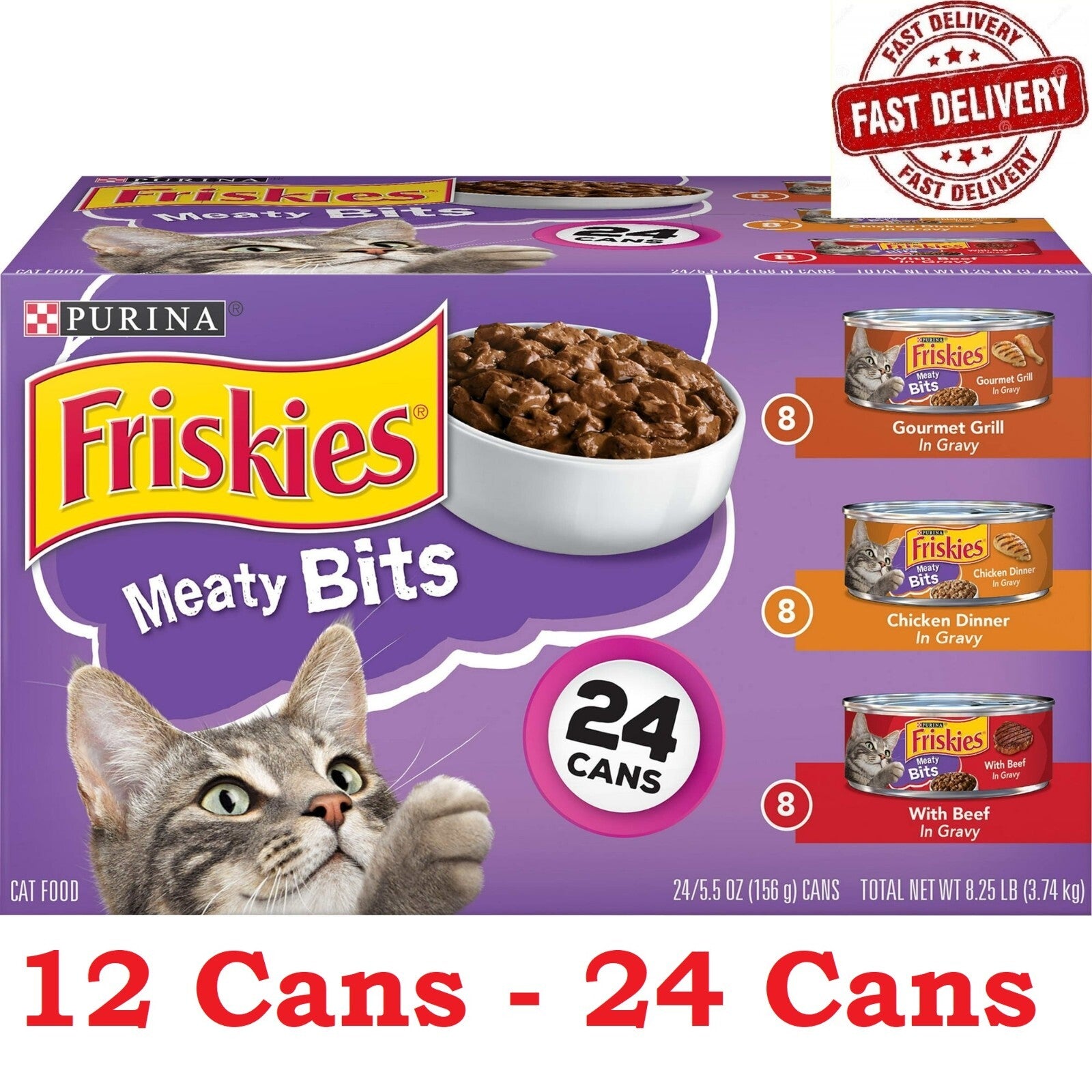 12/24 Pack Friskies Gravy Wet Cat Food Variety Pack, 5.5 Oz Cans