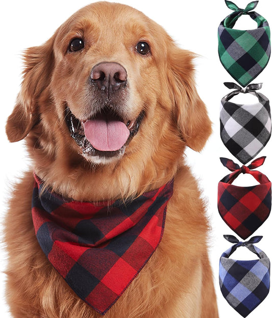 Dog Bandana 4 Pack - Dog Bandanas Boy, Girl, Premium Durable Soft Lightweight Fabric, Buffalo Plaid Scarf for Medium and Large Dogs Pets, Black and White, Red, Green, Blue, Large
