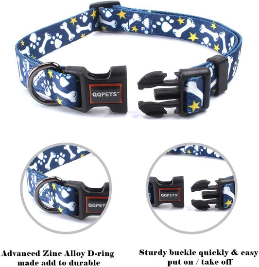 Adjustable Soft Dog Collar: Print Flower Pink Multicolor Cute Patterns for XS Small Medium Large Pet Girl Boy Puppy Walking Running Training (M, Bone)