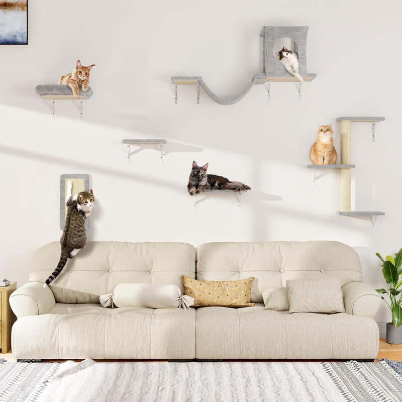 [Mother'S Day Gift] 5-Piece Wall Mounted Cat Climbing Set – Soft House, Cat Scratching Board, Cat Tree, Cat Hammock & Cat Juamping Platform