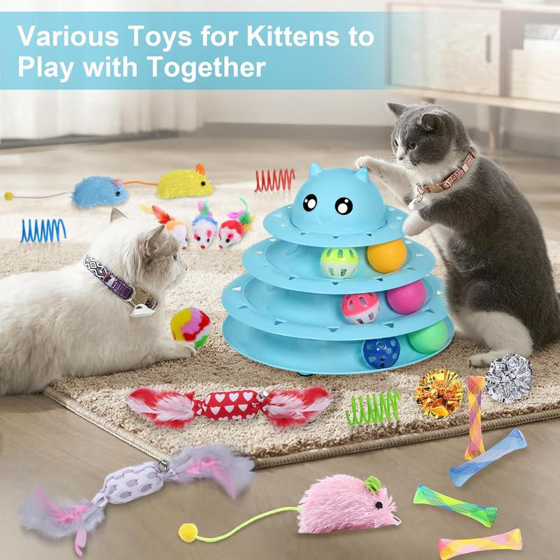 24 PCS Cat Toys, 3-Level Turntable Kitten Toys Set, Interactive Cat Roller Toys for Indoor Cats, Catnip Toys, Cat Teaser Toys, Mice Toys, Spring Toys, Various Ball Toys for Kitty Interactive Chirping