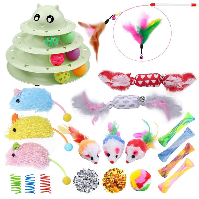 24 PCS Cat Toys, 3-Level Turntable Kitten Toys Set, Interactive Cat Roller Toys for Indoor Cats, Catnip Toys, Cat Teaser Toys, Mice Toys, Spring Toys, Various Ball Toys for Kitty Interactive Chirping