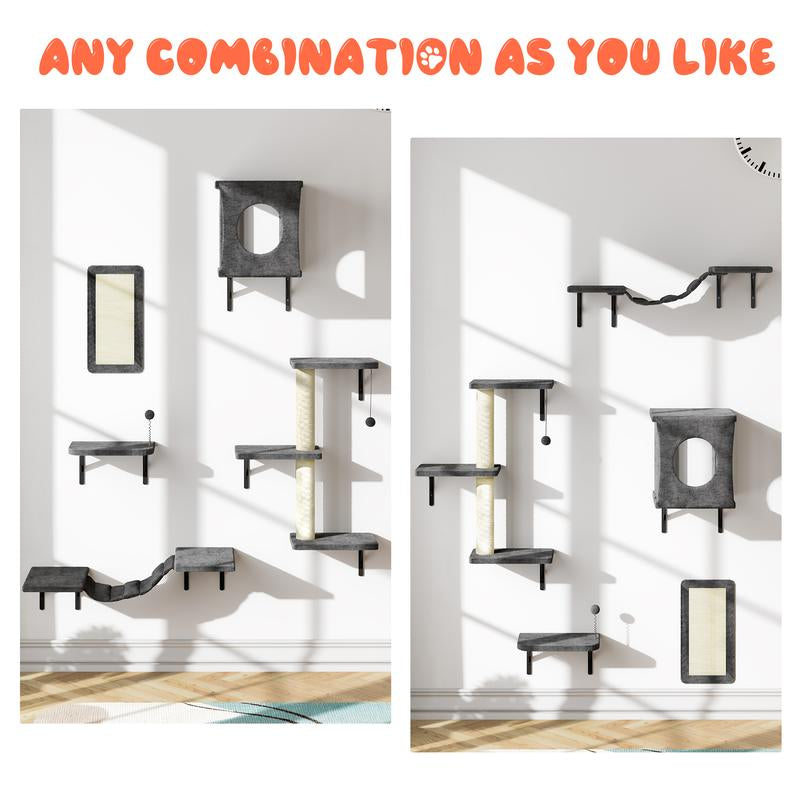 [Mother'S Day Gift] 5-Piece Wall Mounted Cat Climbing Set – Soft House, Cat Scratching Board, Cat Tree, Cat Hammock & Cat Juamping Platform