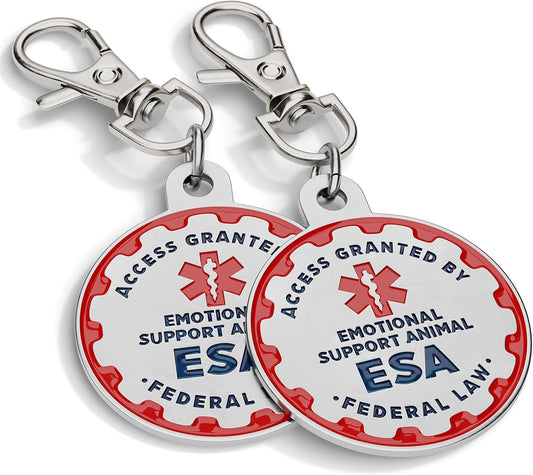 Emotional Support Dog Tag, 2 Pack: Metal Pet ID Tags for Emotional Support Dogs, ESA, and Therapy Dogs, 1 Inch Diameter, Double Sided, Navy Lettering and Red Enamel Trim