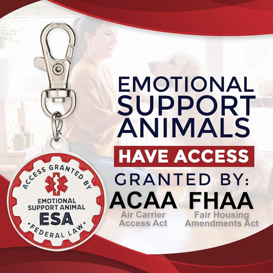 Emotional Support Dog Tag, 2 Pack: Metal Pet ID Tags for Emotional Support Dogs, ESA, and Therapy Dogs, 1 Inch Diameter, Double Sided, Navy Lettering and Red Enamel Trim