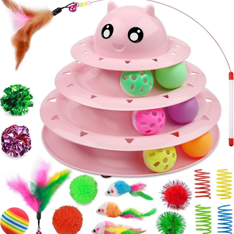 24 PCS Cat Toys, 3-Level Turntable Kitten Toys Set, Interactive Cat Roller Toys for Indoor Cats, Catnip Toys, Cat Teaser Toys, Mice Toys, Spring Toys, Various Ball Toys for Kitty Interactive Chirping