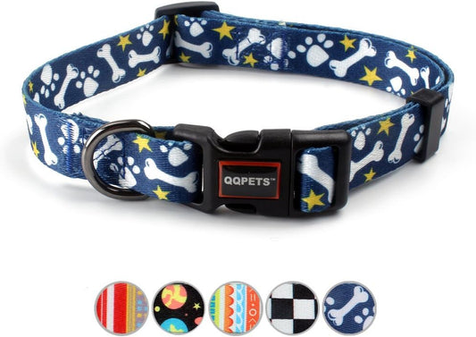 Adjustable Soft Dog Collar: Print Flower Pink Multicolor Cute Patterns for XS Small Medium Large Pet Girl Boy Puppy Walking Running Training (M, Bone)