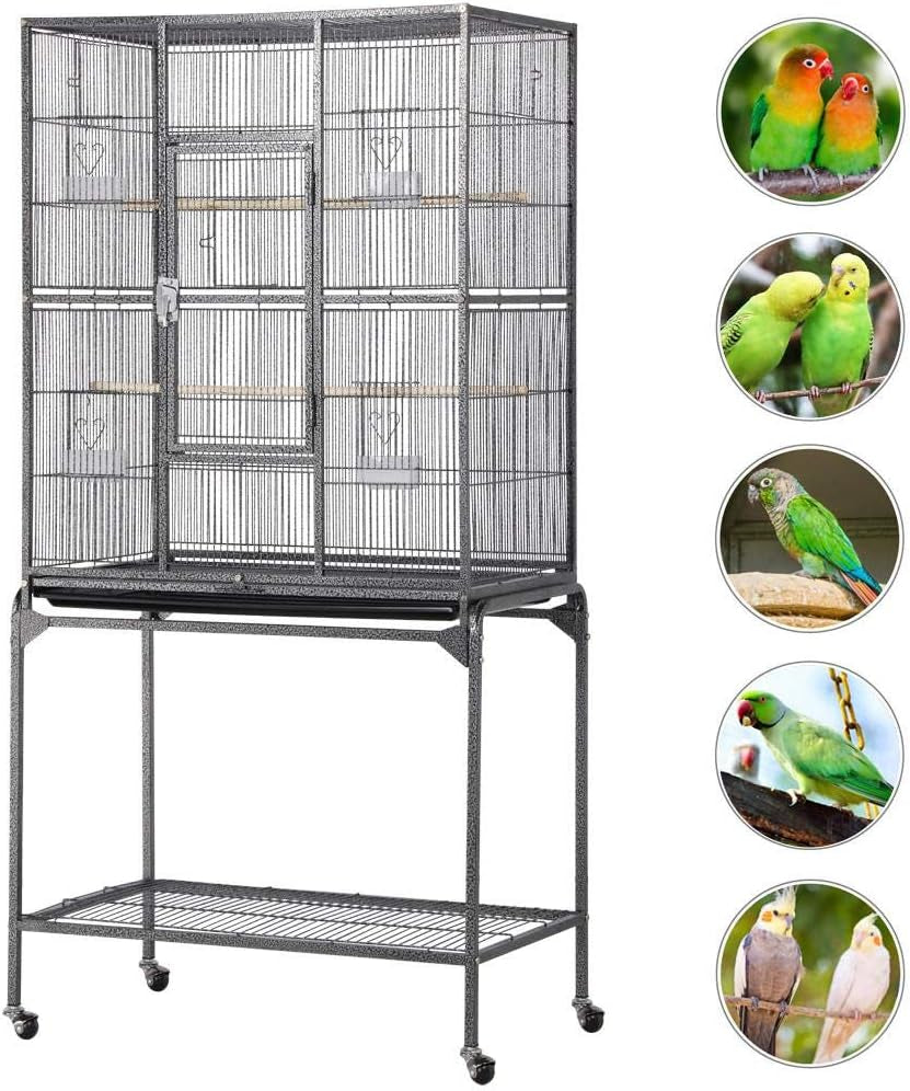 63-Inch Wrought Iron Rolling Large Bird Cage for African Grey Small Quaker Amazon Parrots Cockatiels Sun Parakeet Green Cheek Conure Lovebird Budgie Finch Canary Bird Flight Cage with Stand