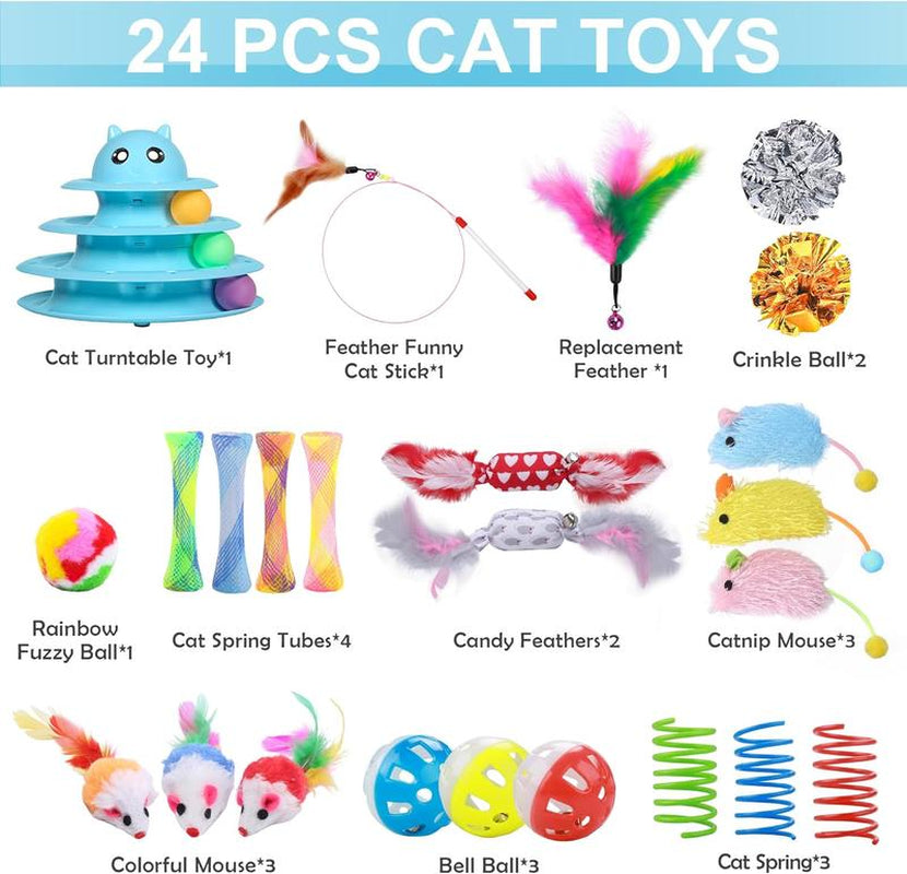 24 PCS Cat Toys, 3-Level Turntable Kitten Toys Set, Interactive Cat Roller Toys for Indoor Cats, Catnip Toys, Cat Teaser Toys, Mice Toys, Spring Toys, Various Ball Toys for Kitty Interactive Chirping